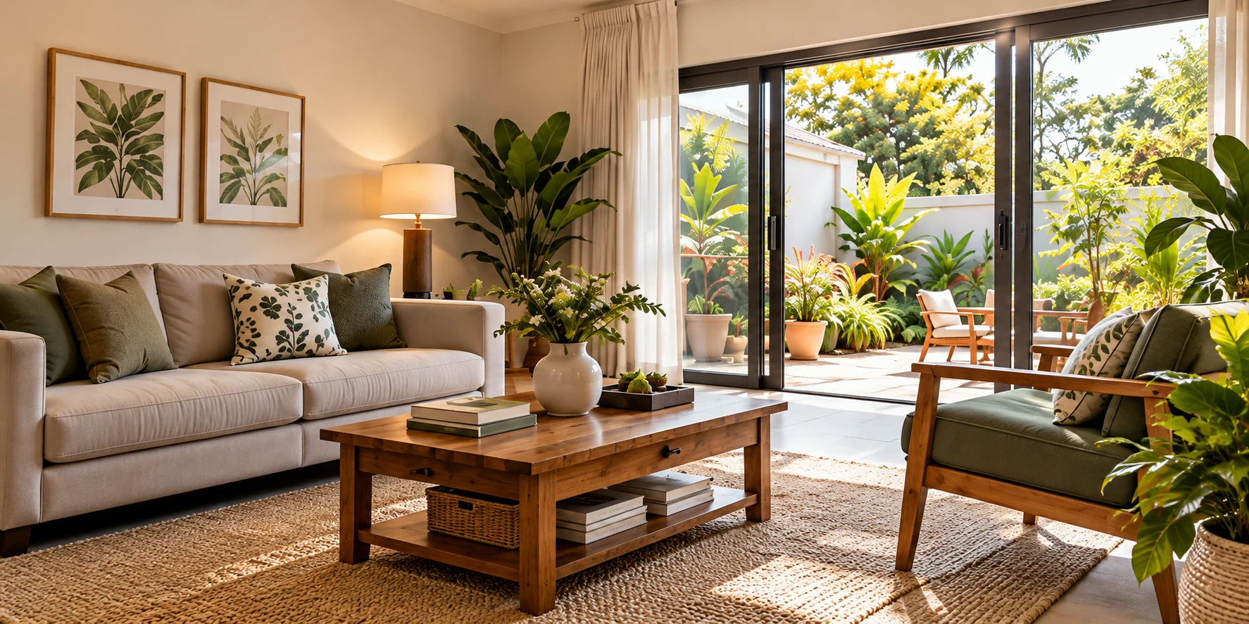 Illustrative image of a prepared living room opening onto a garden